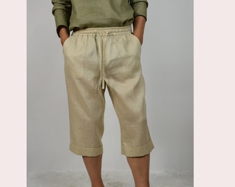 Men's Linen Pant/ French Premium Linen / Linen Pull-on Pant with Draw String / Front Pocket / Back Patch Pocket / 16" Inseam-Customizable