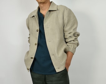 Men's Linen Jacket / Linen Bomber Jacket / Button Front / Patch Pockets