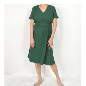 Women&#39;s Cotton Gauze V-Neck Dress / Short Sleeve Dress with Tie Belt / Spring Summer Dress/ Cotton Double Layer Gauze Dress