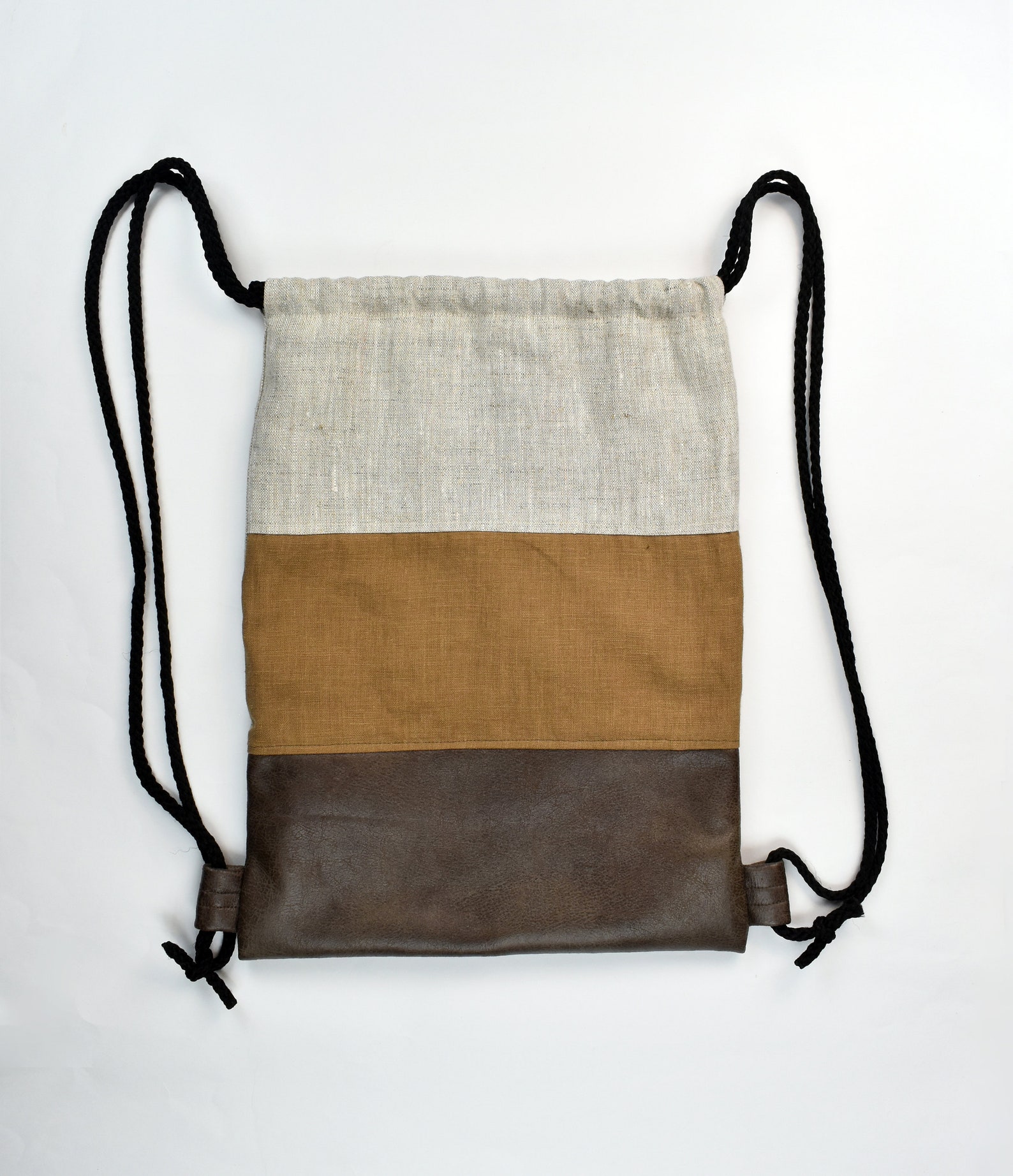 Drawstring Gym Backpack / Linen and Faux Leather Mixed Media Sack Bag ...