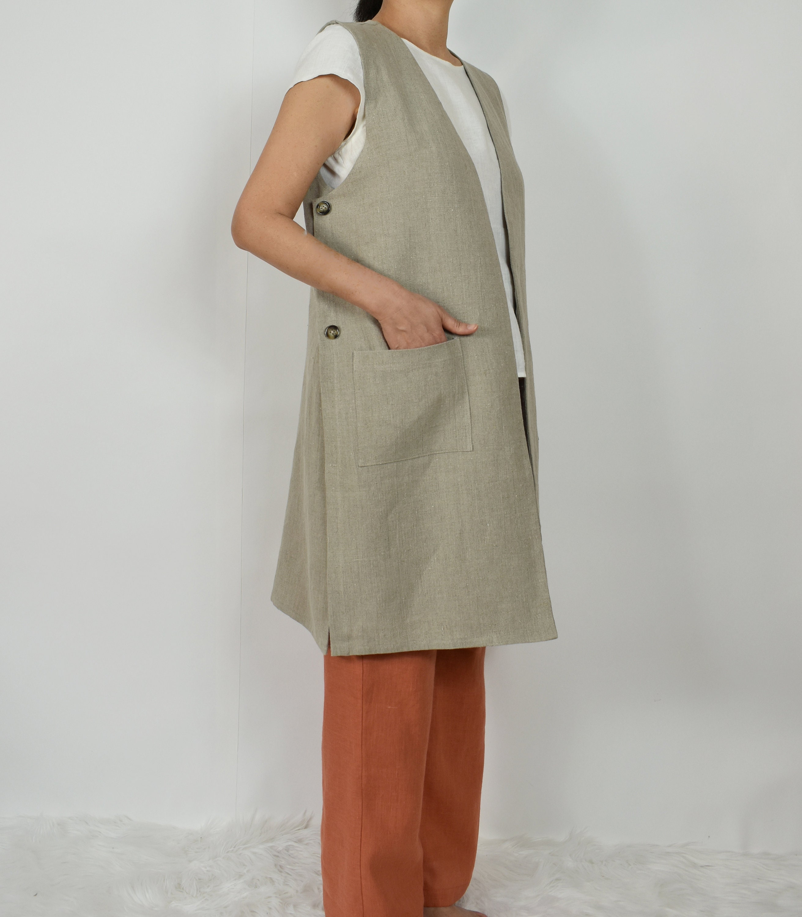 Linen Cardigan Vest Jacket, Linen Vest Dress, No Front Closure