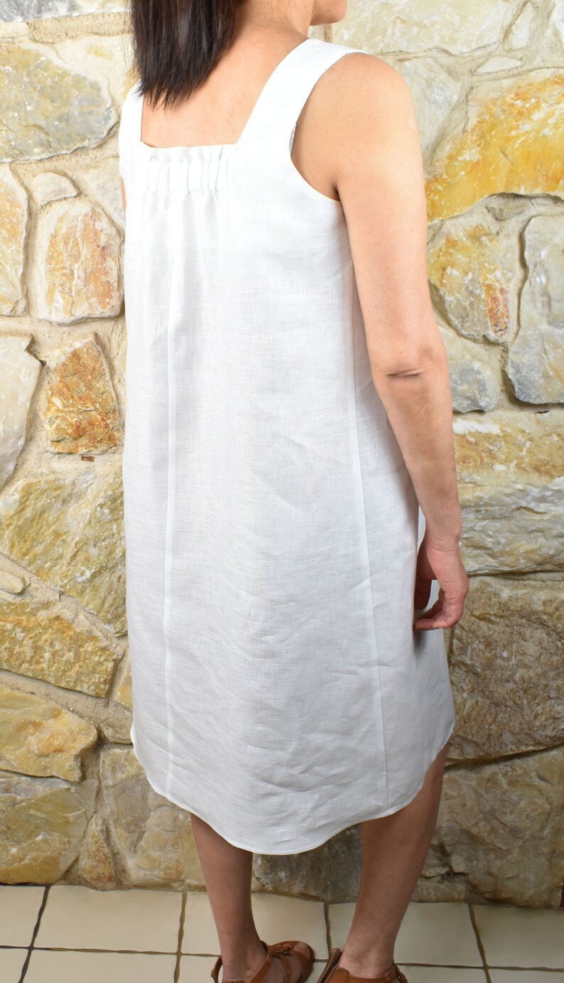 Linen Square Neck Dress Summer Dress Shirring Front Elastic Band Back Neck A Line