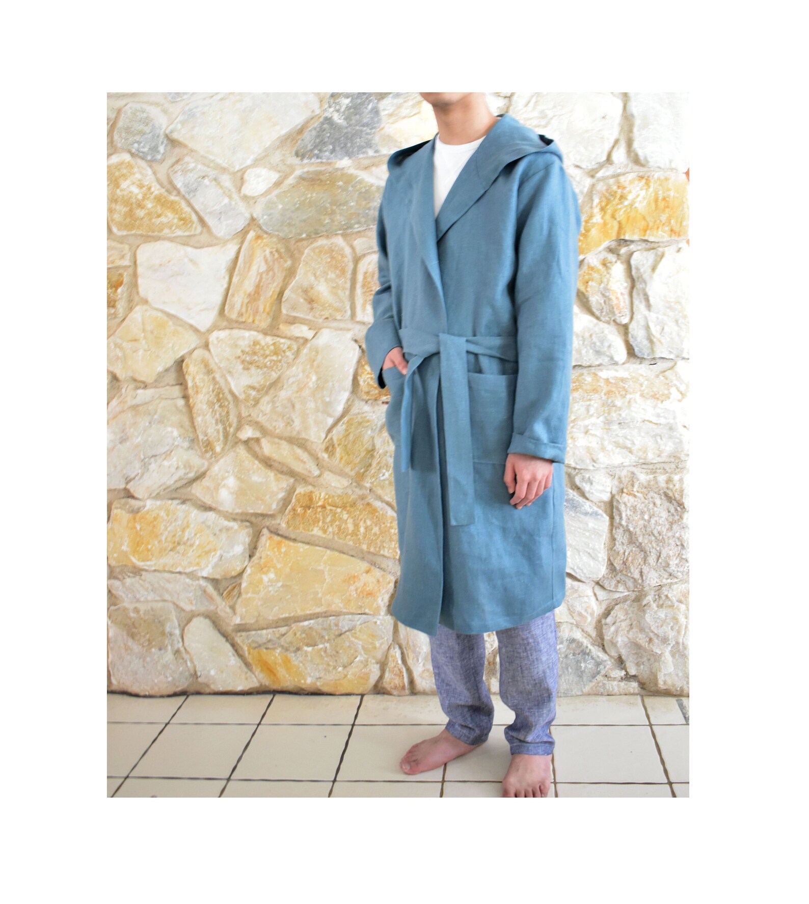 Men's Linen Hooded Coat/linen Bathrobe / Fixed Hood / Long Etsy UK