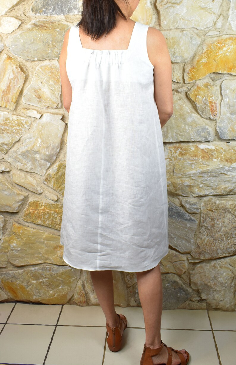 Linen Square Neck Dress Summer Dress Shirring Front Elastic Band Back Neck A Line