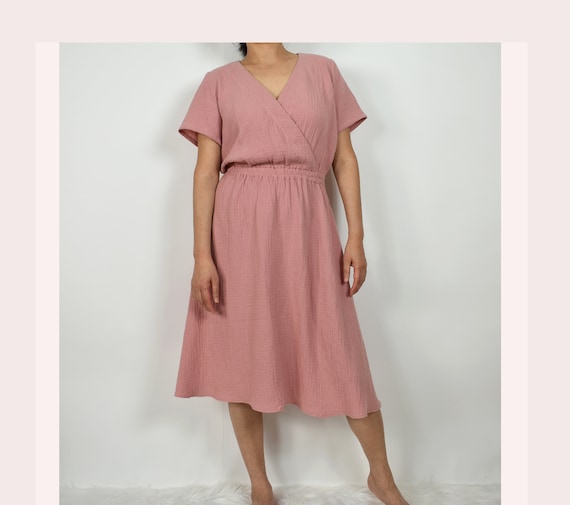 Women's Cotton Gauze Wrap Dress / Short Sleeve Dress with Elastic Waist / Spring Summer Dress/ Cotton Double Layer Gauze Dress