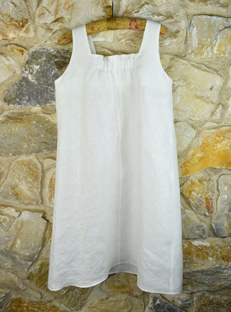 Linen Square Neck Dress Summer Dress Shirring Front Elastic Band Back Neck A Line