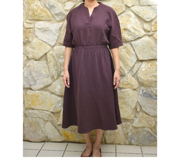Women's Cotton Gauze Long Dress With On-Seam Pockets / Short Raglan Sleeve Dress