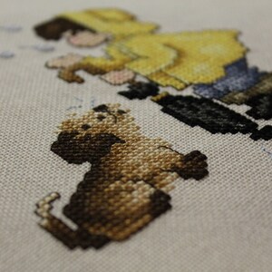 Boy and his Dog in the Rain Finished Cross Stitch Design from Stoney Creek Collection image 3