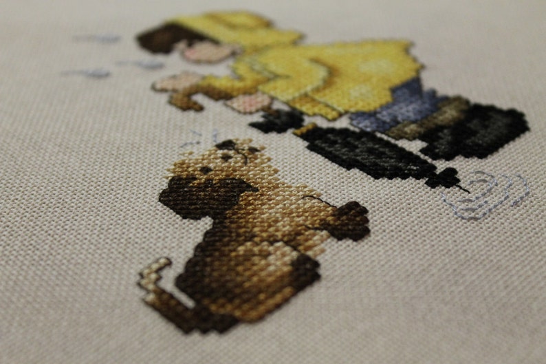 Boy and his Dog in the Rain Finished Cross Stitch Design from Stoney Creek Collection image 3