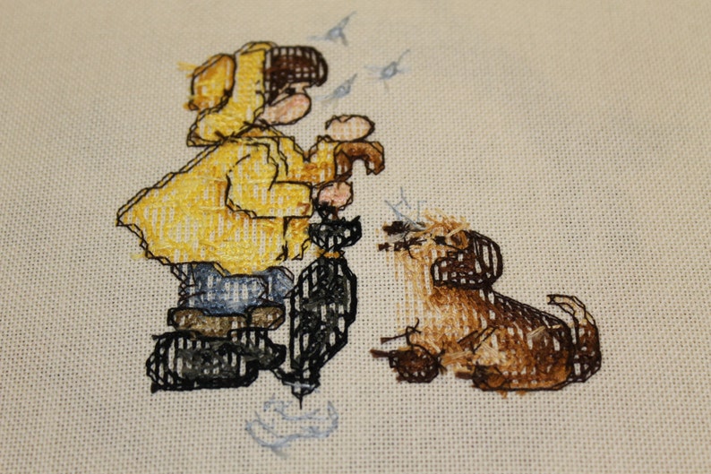 Boy and his Dog in the Rain Finished Cross Stitch Design from Stoney Creek Collection image 4