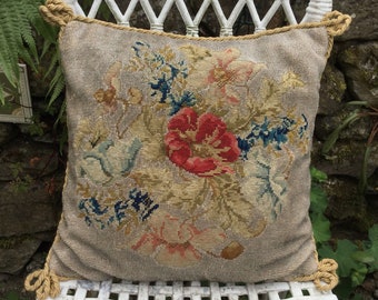 Victorian needlepoint cushion, poppy needlepoint pillow, Victorian embroidered cushion