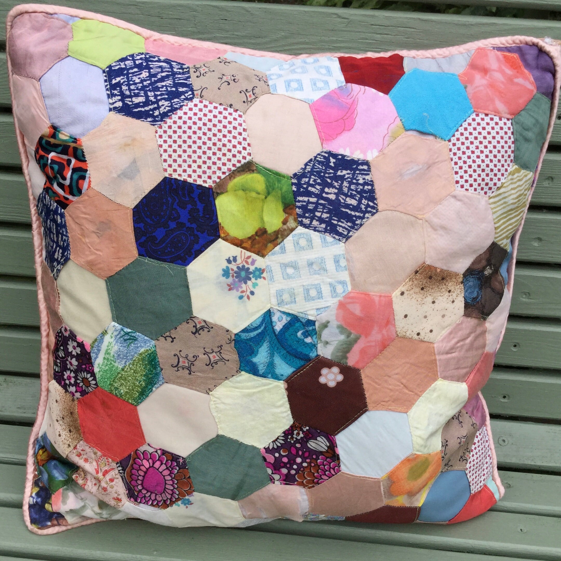 Hexagon vintage patchwork cushion satin and cotton pillow Etsy