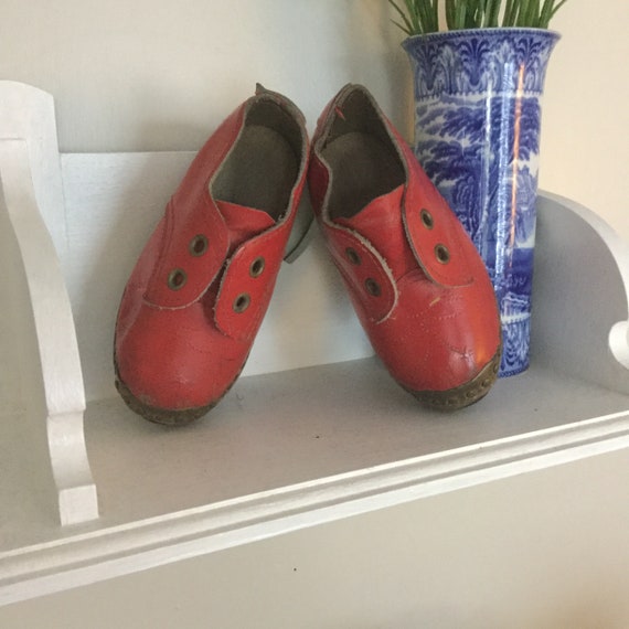Red leather childs clogs, vintage boys clogs, red