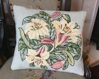 Lilies needlepoint cushion, Arts and Crafts design pillow, white lilies wool cushion