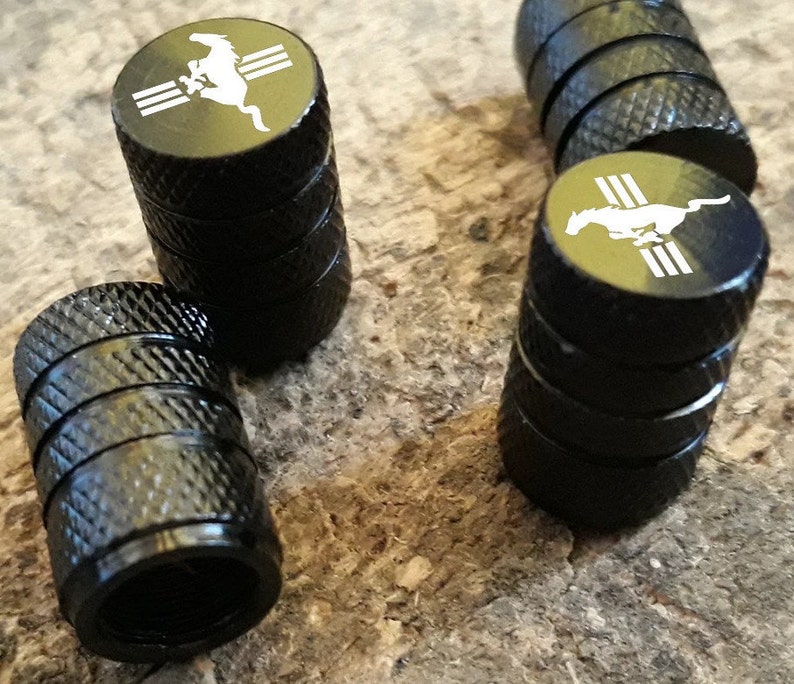 Ford Mustang GT in Black on Black Aluminum Tire Valve Stem Caps