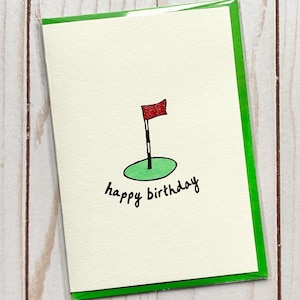 Biglietto di auguri di buon compleanno fatto a mano per golfisti, compleanno di golf, campo da golf, bandiera da golf, putting green, weetreecompany, weetree, The Wee Tree Co