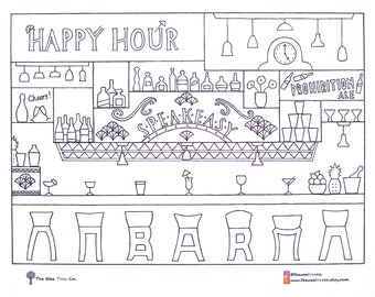 Speakeasy Printable Colouring Placemat, Bar Colouring Page, Coloring Activity, Printable Party Activity for Adults, weetree, The Wee Tree Co