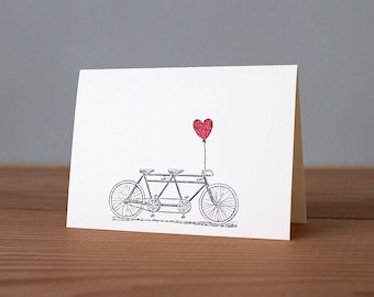 Handmade Tandem Bike Card with Heart, Tandem Bicycle Card, Card with Tandem Bike, Cards with Bikes, Card with Bicycle, The Wee Tree Co.