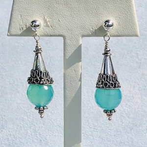 Earrings Blue Chalcedony Beads and Fancy Silver Bali Cones dangle from Sterling Silver Ball and Post Earrings.  l.5” Drop