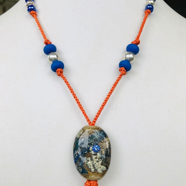 Casual Trendy Lariat style Necklace Focal Lampwork beads on orange Kumihimo cord Derp Blue Lampwork roundels 15-1/2” L