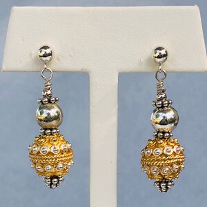 Earrings Fancy Vermeil and Silver Bali Balls enhanced with Sterling silver beads and daisy spacers. Ornate regal jewelry 1-1/2inch drop