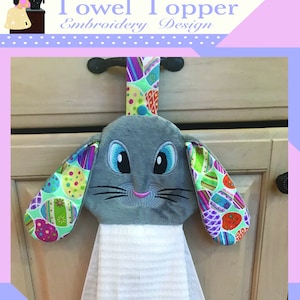 In the Hoop Floppy Ear Bunny Towel Topper Embroidery Design includes 3 sizes for 4X4, 5X7, and 6X10 Hoops  (hand sewing to close)