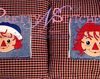 Set of 2 Raggedy Ann and Andy inspired Applique Full Face Embroidery Designs (4X4, 5X7 and 6X10 Hoop)