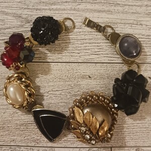 Vintage Earring Bracelet: Handmade Rhinestone Jewelry, Black & Gold, Gift Box