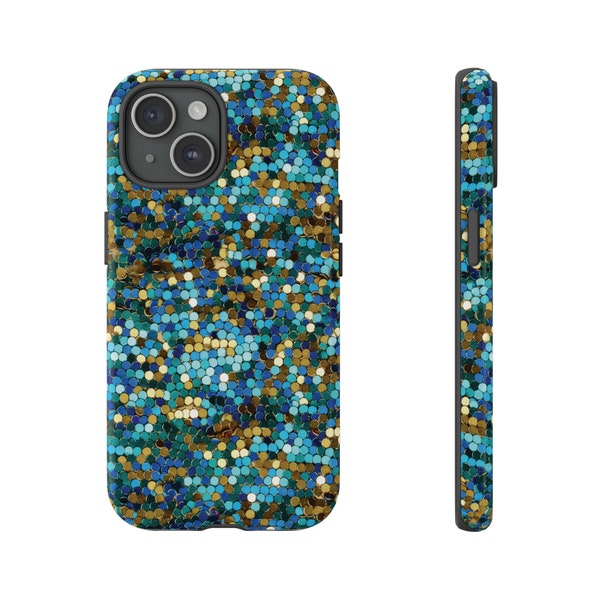 Aqua Blues and Gold Glittery Confetti Graphic - Smooth Textured. Tough Phone Case for iPhone, Samsung Galaxy, and Google Pixel Devices.