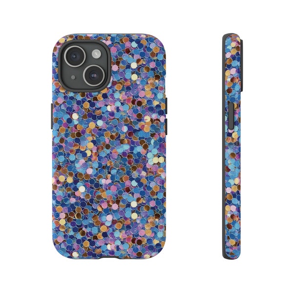 Blue Glitter Graphic Colorful Confetti - Tough Phone Case Smooth Texture. Matte or Glossy iPhone, Samsung Galaxy, and Google Pixel Devices.