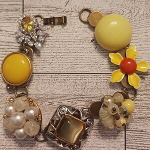 Handmade Vintage Earring Bracelet: Yellow Rhinestone Bronze Tones