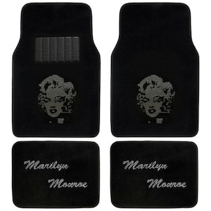 May include: Black car floor mats with a silver glitter design featuring a portrait of Marilyn Monroe and the text "Marilyn Monroe".