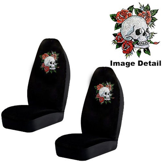 White Crystal Happy Skull W Red Roses Gem Crystals Studded - Gem Car Seat Covers White Crystal Happy Skull W Red Roses Gem Crystals Studded - Gem Car Seat Covers