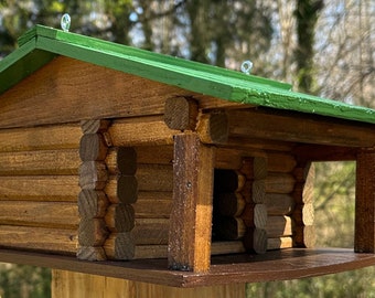 Rustic Hanging Log Cabin Bird House - Green Roof