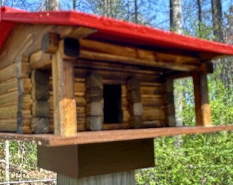 Rustic Log Cabin Bird House with Post Base - Red Roof