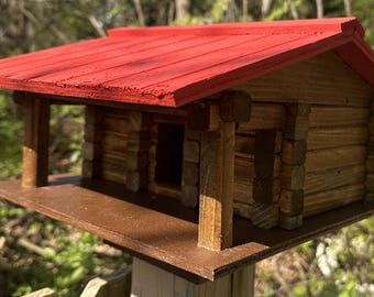 Rustic Hanging Log Cabin Bird House - Red Roof