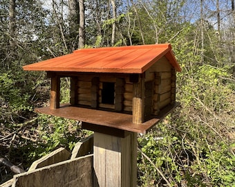 Rustic Log Cabin Bird House with Post Base - Orange Roof