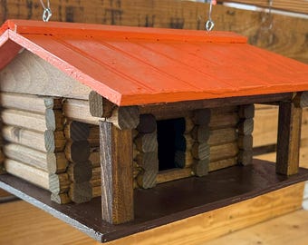 Rustic Log Cabin Bird House with Post Base - Orange Roof