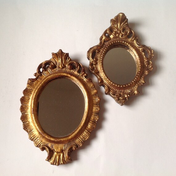 Vintage Italian Made Small Mirrors Gilded Oval Mirror Set Decorative Hollywood Regency Accent