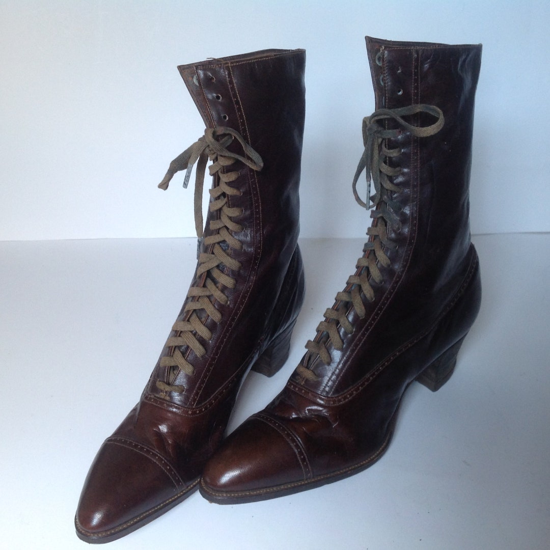 Victorian Style Leather Lace Up Boots Brown Granny Ankle Boots Witchy Heel Size 37