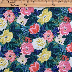May include: Teal fabric with a floral print featuring pink, yellow, and white flowers with green leaves. The fabric is measured with a ruler that reads "One Yard".
