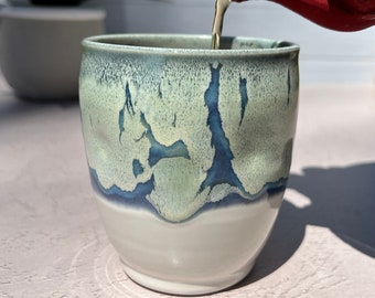 Ceramic coffee mug pottery tumbler, green blue stoneware cup, latte cappuccino americano coffee tea cup, stemless wine cup, ceramic wine cup
