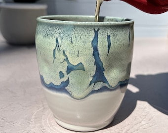 Handmade Ceramic Coffee Mug – Green Blue Stoneware Cup, Pottery Tumbler for Latte, Cappuccino, Tea, Americano, Stemless Wine Cup