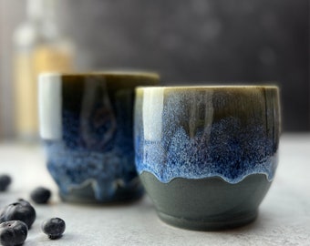 Ceramic coffee mug pottery tumbler, blue black stoneware cup, latte cappuccino americano coffee tea cup, handless cup, ceramic wine cup