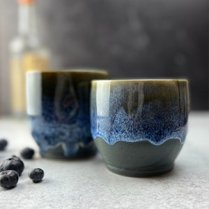 Ceramic coffee mug pottery tumbler, blue black stoneware cup, latte cappuccino americano coffee tea cup, handless cup, ceramic wine cup