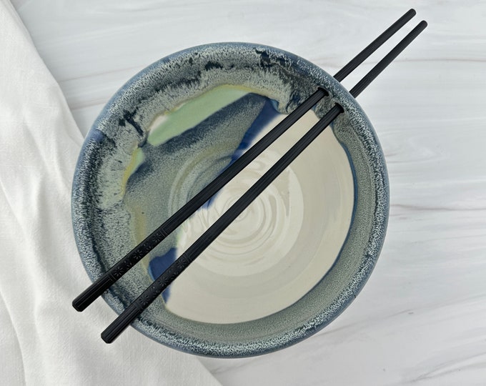 Handmade Ceramic Noodle Bowl With Chopsticks, Japanese Ramen Udon