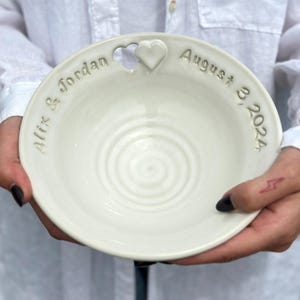 Personalized bride and groom wedding name bowl, custom wedding stoneware name date 9th anniversary gift, handmade ceramic engagement bowl