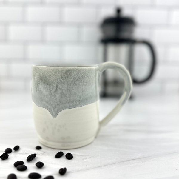 Grey white ceramic pottery coffee mug tumbler, farmhouse kitchen pottery wedding gift, latte cappuccino tea lover handmade mug pottery