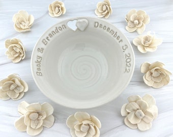 Personalized bride and groom wedding name bowl, custom wedding stoneware name date anniversary gift, handmade ceramic engagement bowl