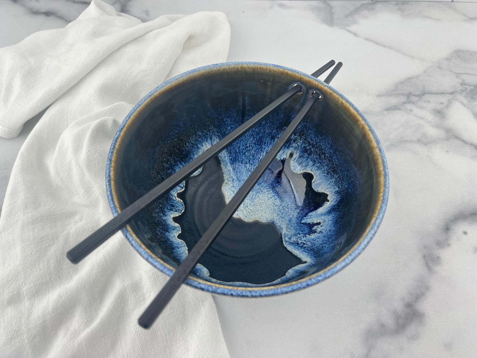 Ceramic Ramen Bowl with Chopsticks | Black Noodle Bowl with Blue Rim | Pho, Udon, Sushi, Rice Soup Bowl | Asian Style Dinnerware